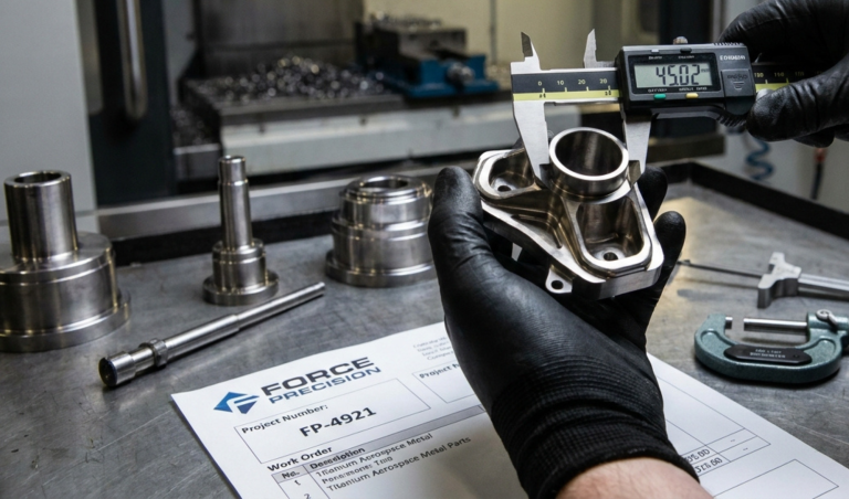 Technician wearing black gloves holds a machined metal part while a caliper measures it in a workshop; document on the desk reads FP-4921.
