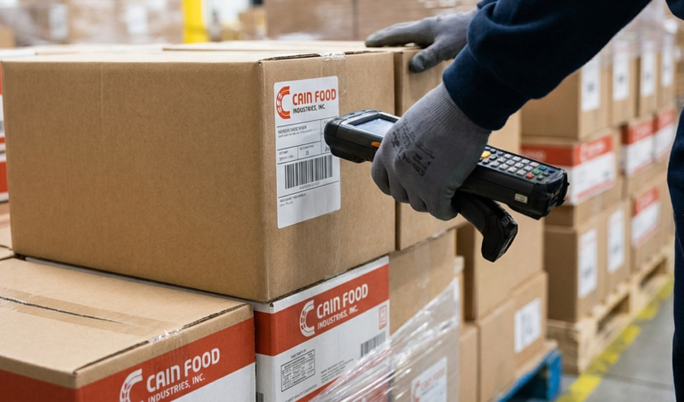 Warehouse worker wearing gloves scans a cardboard box labeled Cain Food with a handheld barcode scanner in a warehouse setting