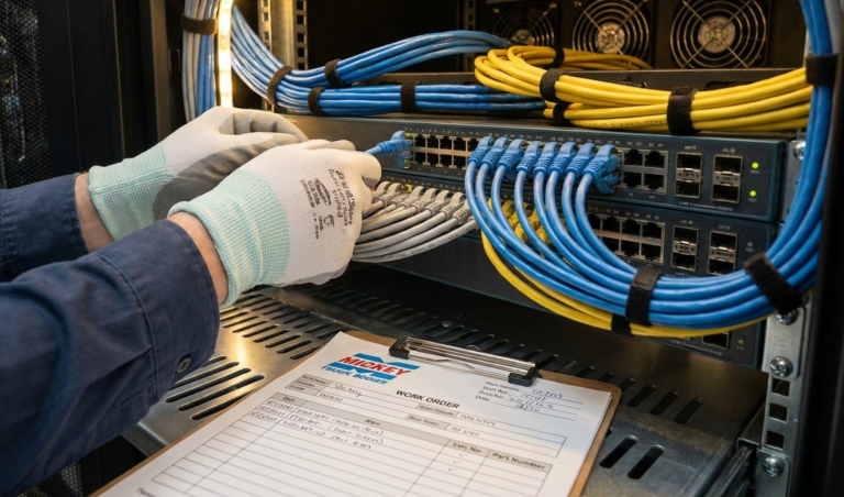 Technician wearing gloves connects blue network cables to a rack-mounted switch with yellow cables in the background.