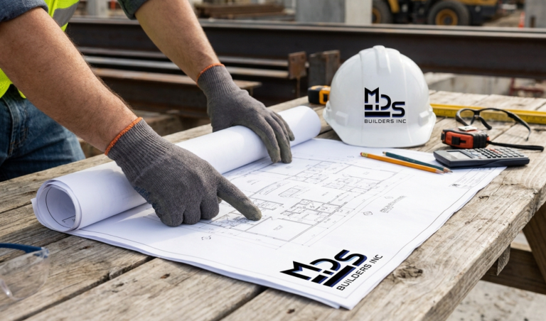 Construction worker's gloved hands unrolling blueprints on a wooden table with a white hard hat branded 'MDS Builders Inc' nearby, plus tools like a pencil, calculator, and tape measure.
