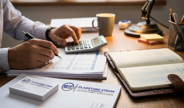 Hands write on documents at a wooden desk with a calculator, mug, and office supplies nearby.