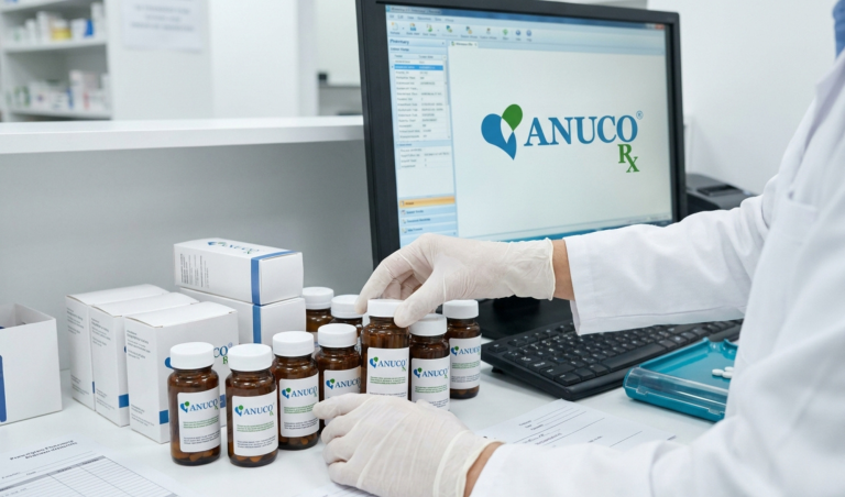 Lab technician in gloves arranging ANUCO RX bottles on a counter with a computer monitor displaying the logo in the background.