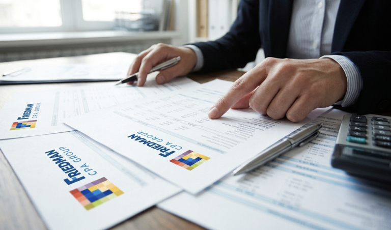 Close-up of hands signing financial documents on a desk, with a calculator and CPA paperwork visible.