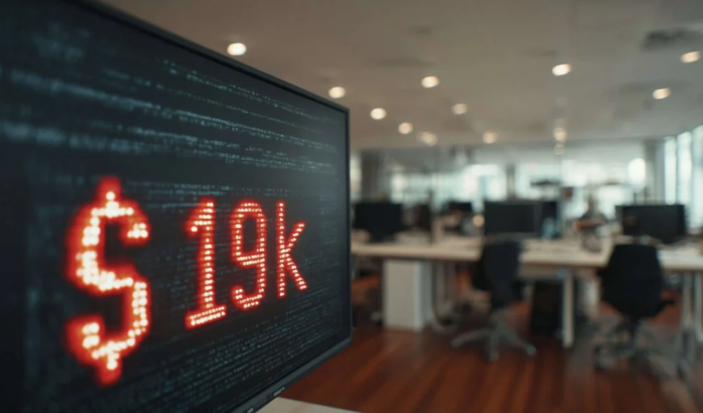 Close-up of a monitor showing red stock market numbers in a modern open-plan office, suggesting a market drop.