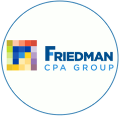 Friedman CPA Group logo: multicolored pixel square left of blue 'FRIEDMAN CPA GROUP' text.