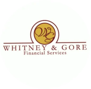 Logo for Whitney & Gore Financial Services with a gold circular seal and maroon company name below a curved line motif.