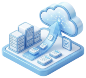 Isometric illustration of servers connected to a cloud with a curved data path, representing cloud computing and data transfer.