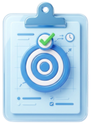 Clipboard with a blue clipboard showing a bullseye target and a green checkmark, symbolizing goal completion or quality assurance