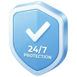 Blue shield badge with a white checkmark and the text 24/7 PROTECTION