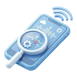 Blue smartphone-like health monitor with a magnifying glass over a heartbeat line, symbolizing health data analysis