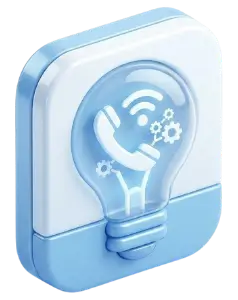 Blue rounded icon featuring a light bulb with a phone receiver and gears, symbolizing technical support or help desk