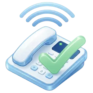 Blue desk phone with a large green checkmark, plus wireless signal icon above, indicating a successful/verified call.