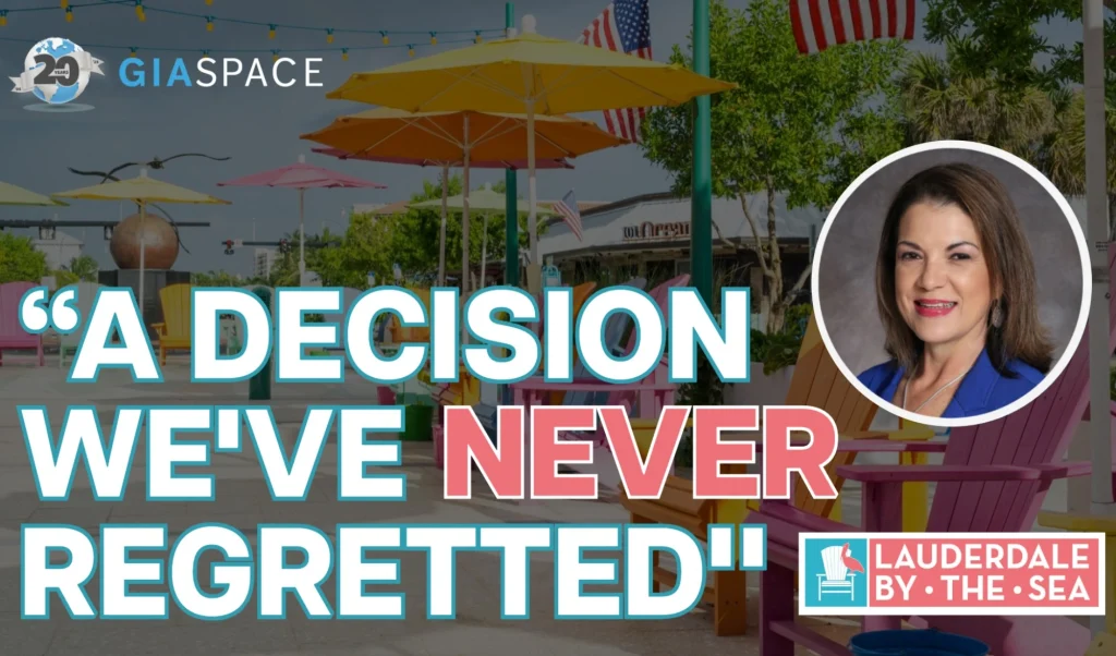 Banner with colorful umbrellas, a circular portrait of a smiling woman, and the headline 'A DECISION WE'VE NEVER REGRETTED!'