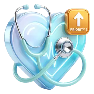 Blue heart with a stethoscope and an orange Priority 1 badge, signaling urgent heart health care.