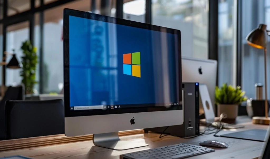 iMac monitor on a desk displaying the Windows logo on a blue background in a modern office.