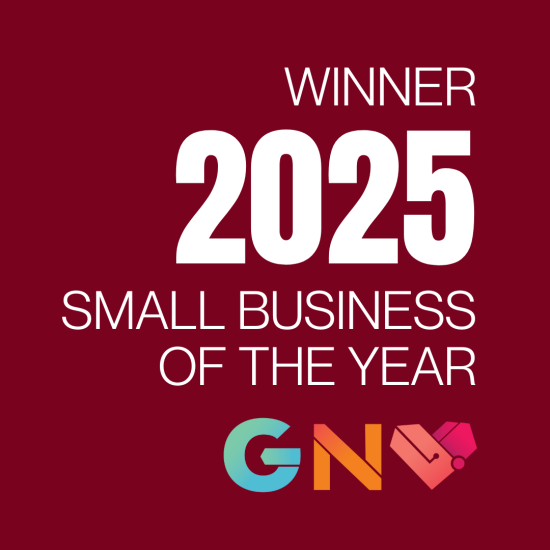 - GiaSpace: IT Support & Cybersecurity for Florida Businesses Award banner with maroon background reading: WINNER 2025 SMALL BUSINESS OF THE YEAR, plus a colorful GN logo underneath.