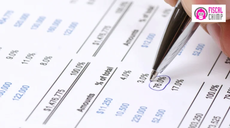 Close-up of a pen circling 76% on a financial worksheet with percentages and amounts, Fiscal ChimP logo in the corner.