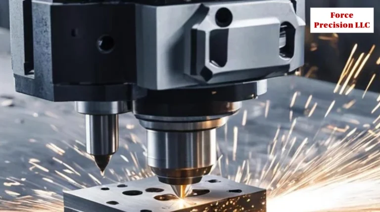 CNC milling machine cutting a metal block with sparks flying; Force Precision LLC logo in the corner.