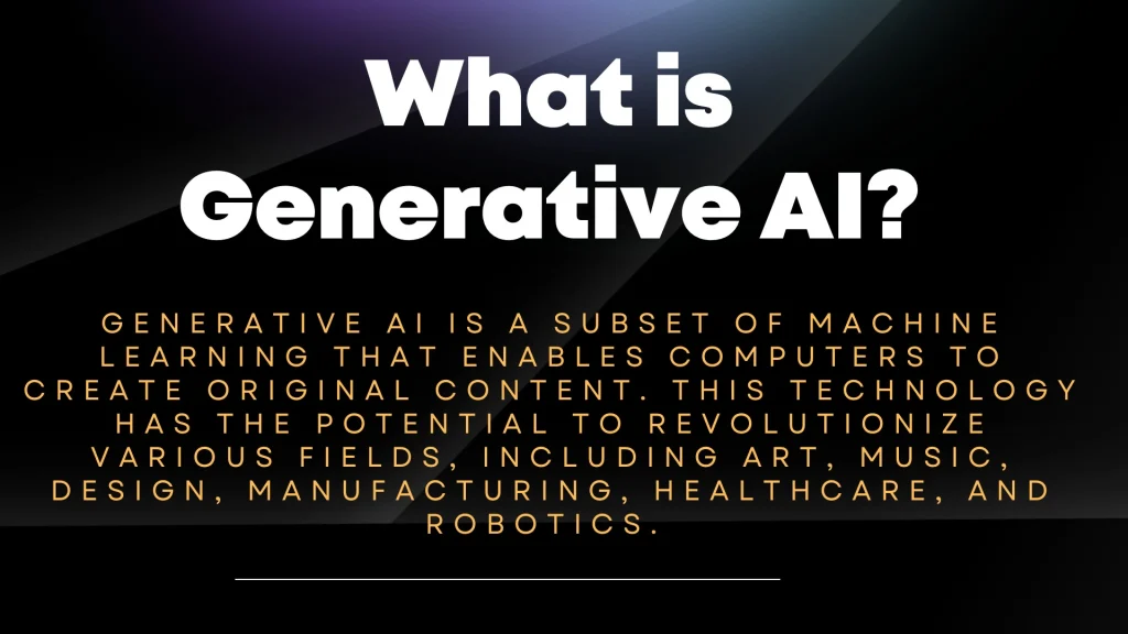 White title 'What is Generative AI?' with an orange paragraph introduction on a dark diagonal backdrop, explaining the concept.