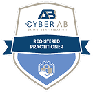Cyber AB Registered Practitioner certification badge with blue shield and ribbon.