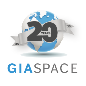 GiaSpace-Logos-and-Color-Palette-11-2 - GiaSpace: IT Support & Cybersecurity for Florida Businesses Global anniversary emblem: blue-and-white globe with a silver ribbon wrapping around it that reads'20 YEARS'.