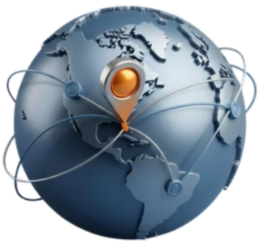 Blue globe showing a world map with a highlighted orange location pin marking a point on the map, connected by circular orbit lines.