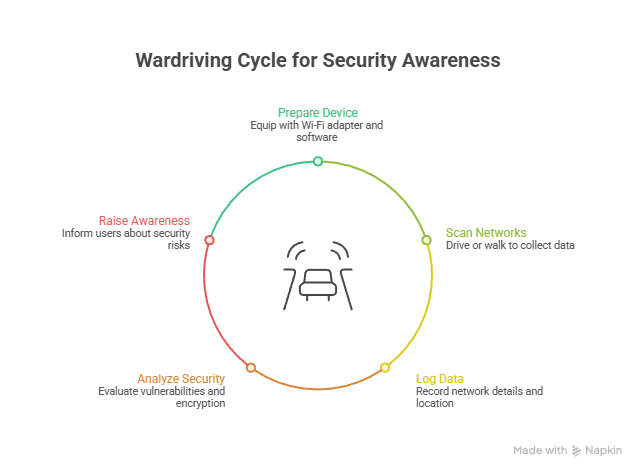 How-wardriving-works_-visual-sel - GiaSpace: IT Support & Cybersecurity for Florida Businesses Six-step circular workflow around a central hub, with colored segments (red, orange, yellow, green) representing stages of a product lifecycle and labeled steps around the circle.