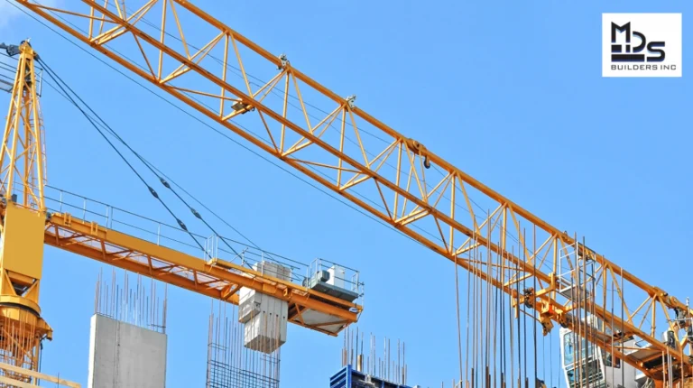 Yellow construction crane spans a blue sky over a building site with concrete columns and exposed rebar; branding logo in the corner reads MDs Builders Inc