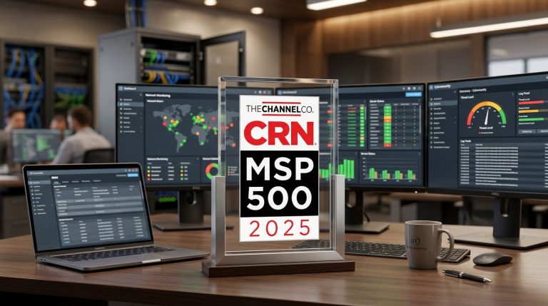 Framed MSP 500 2025 award on a desk, with multiple monitor dashboards showing network analytics in a tech office.