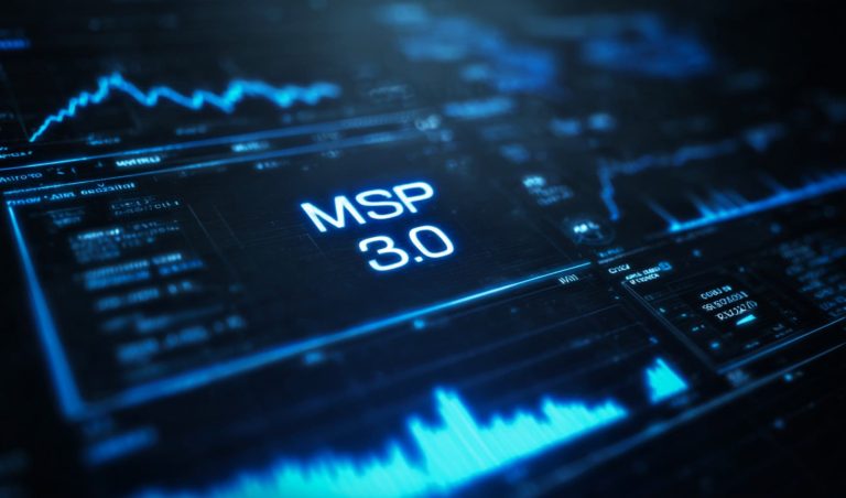 Digital financial dashboard with glowing blue MSP 3.0 label and chart lines