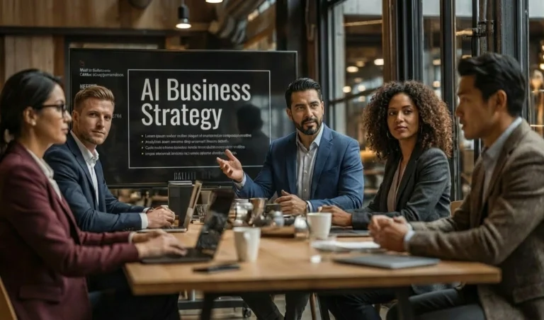 Group of professionals in a meeting around a wooden table, presenting an 'AI Business Strategy' slide on a screen behind them