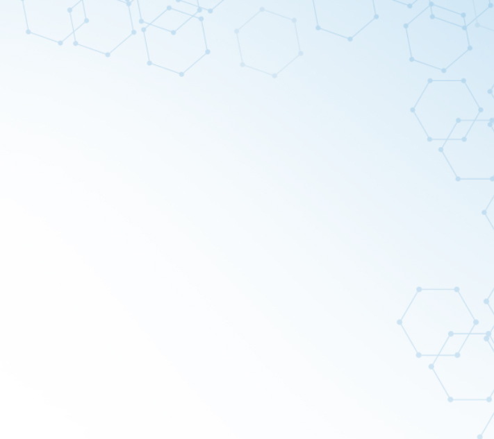 Abstract science-themed background: soft blue gradient with faint hexagonal molecular pattern along the top and right edges.
