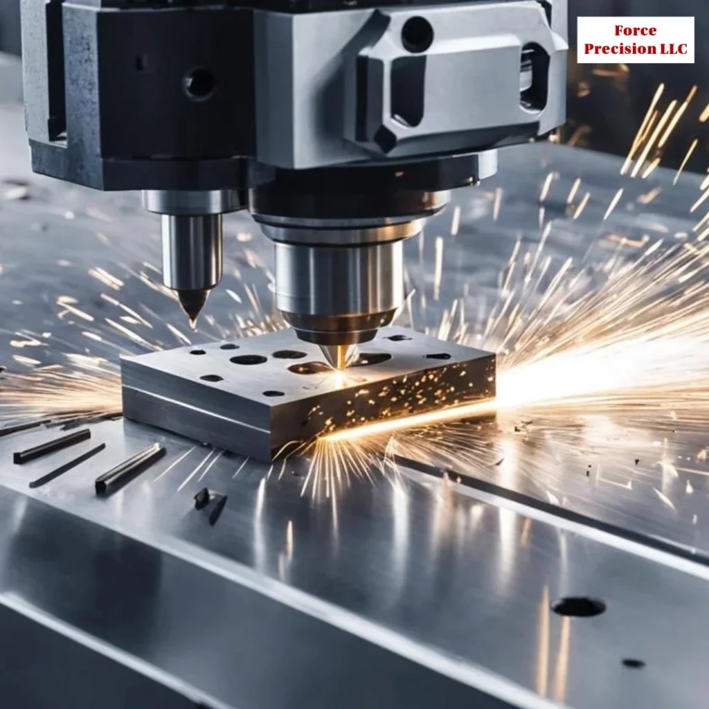 CNC milling machine cutting a metal block with sparks flying from the cutting tool