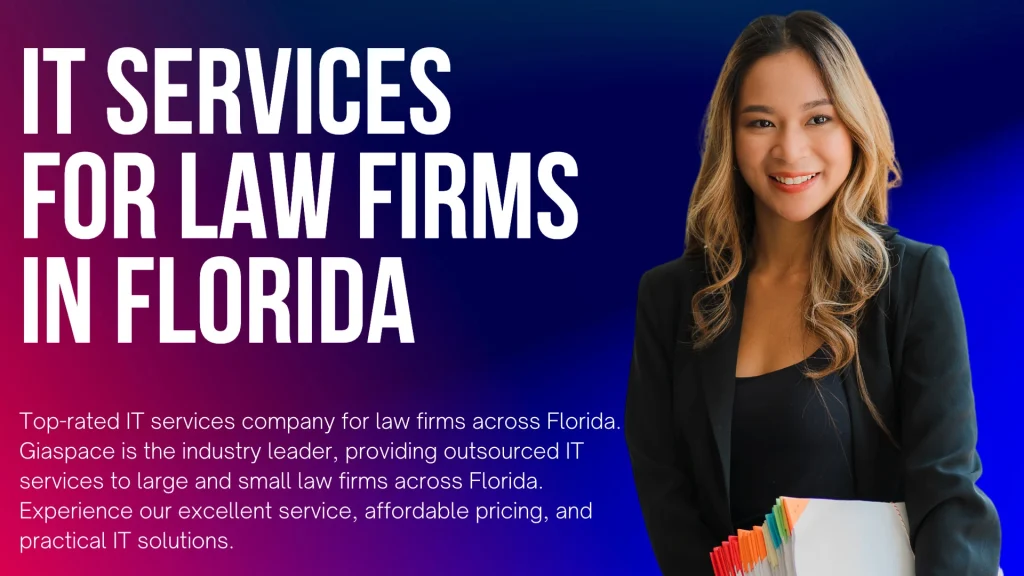 Banner showing 'IT SERVICES FOR LAW FIRMS IN FLORIDA' with a smiling professional woman holding color-coded folders on a blue-purple gradient background, marketing hero image.