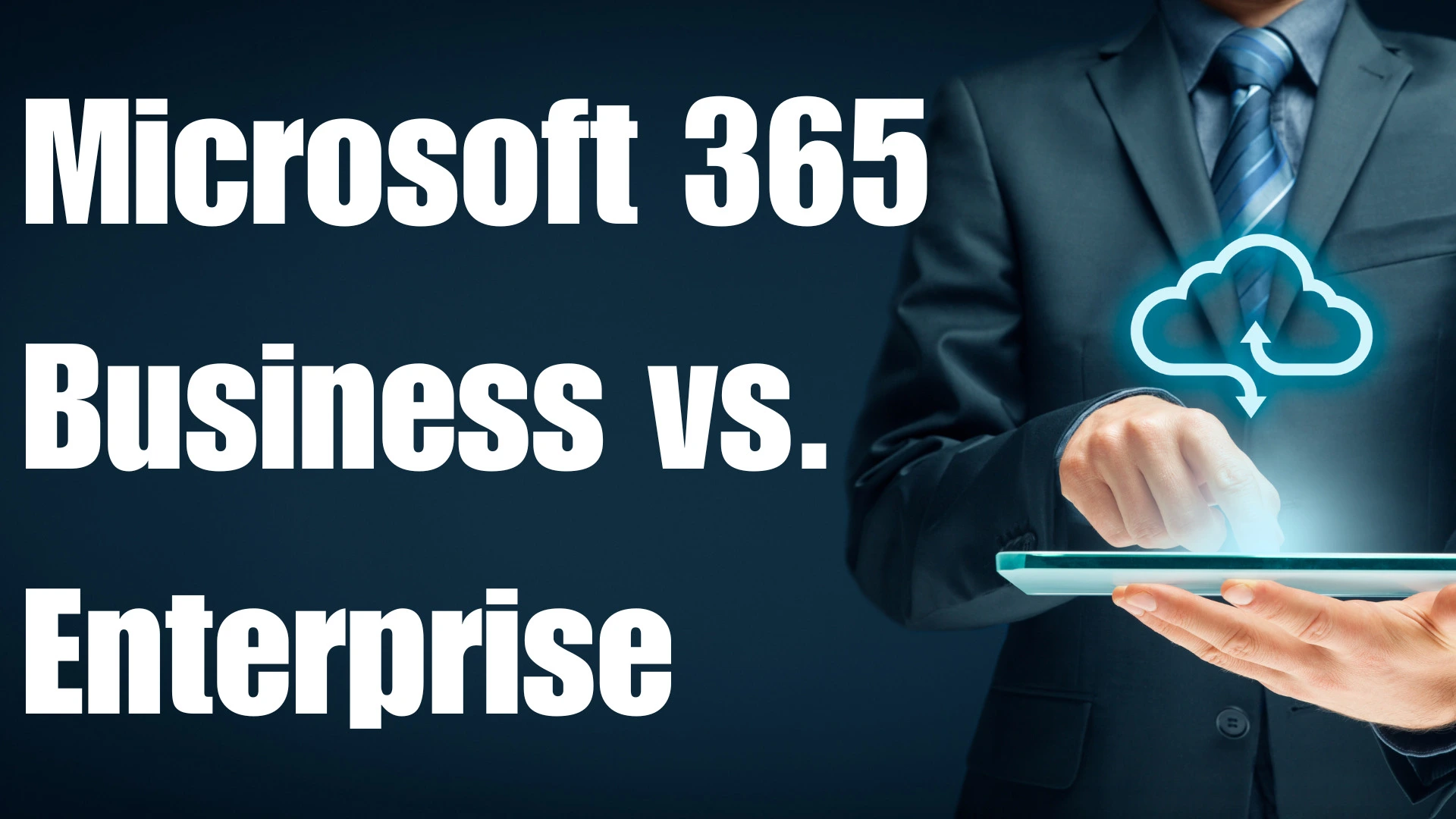 - GiaSpace: IT Support & Cybersecurity for Florida Businesses Banner text comparing Microsoft 365 Business vs. Enterprise with a cloud upload icon and a person in a suit using a tablet