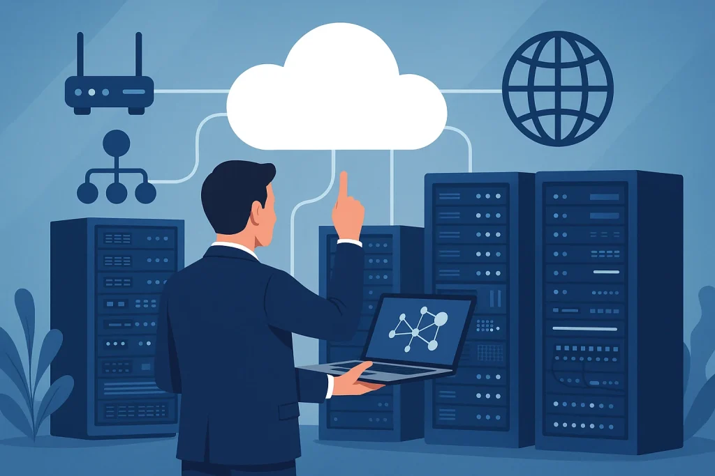 IT professional in a data center points at a cloud connected to servers and the internet, laptop showing a network diagram.