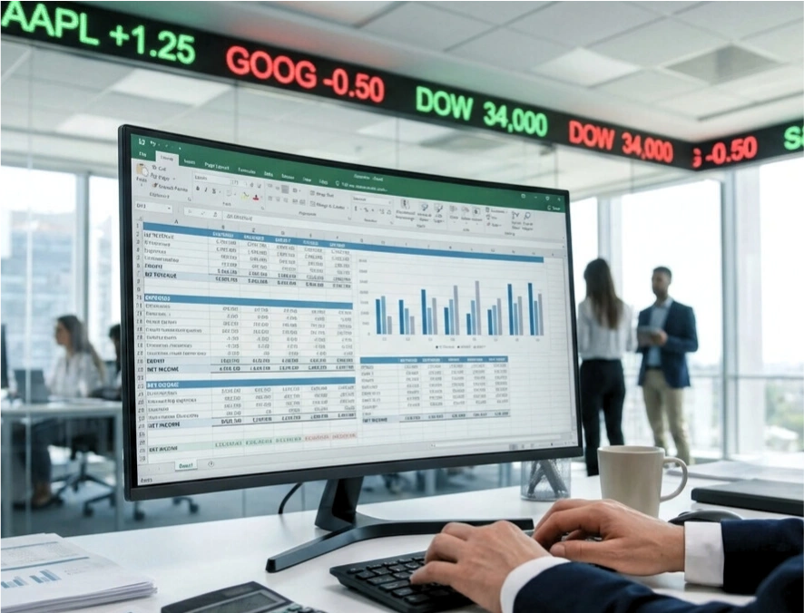 Office scene with a computer monitor showing a spreadsheet and bar chart; hands typing at desk and stock ticker board above.