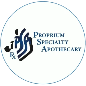 Logo for Proprium Specialty Apothecary featuring a blue RX symbol and stylized wave design.