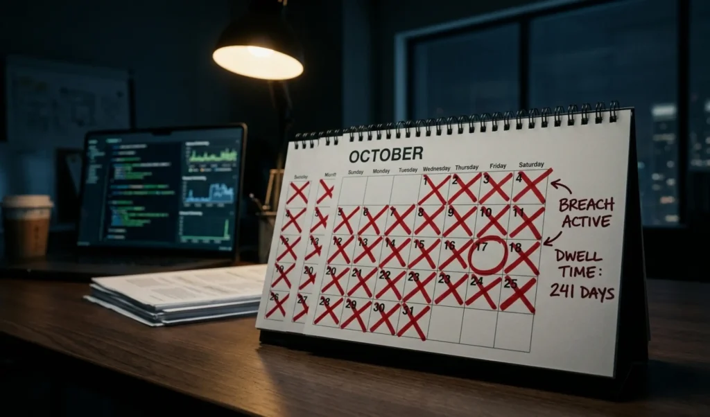 Desk calendar open to October with most days crossed out in red, notes read 'BREACH ACTIVE' and 'DWELL TIME: 241 DAYS' in a dim office setting.