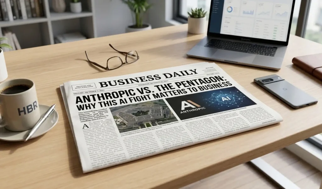 Desk scene with a front-page 'Business Daily' newspaper about AI, flanked by glasses, a coffee mug, laptop, phone, and a notebook on a wooden desk.