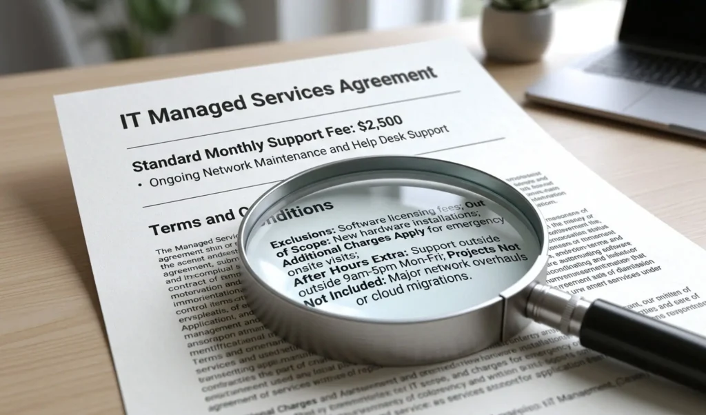 IT Managed Services Agreement document on a desk, with a magnifying glass over the terms and conditions