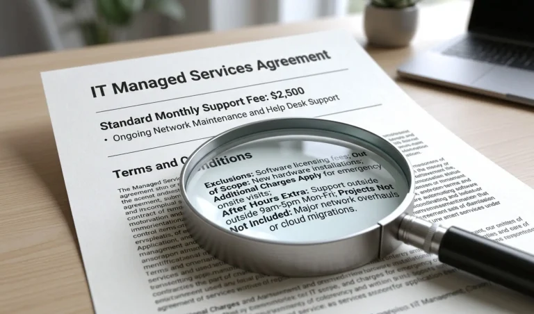IT Managed Services Agreement document on a desk, with a magnifying glass over the terms and conditions