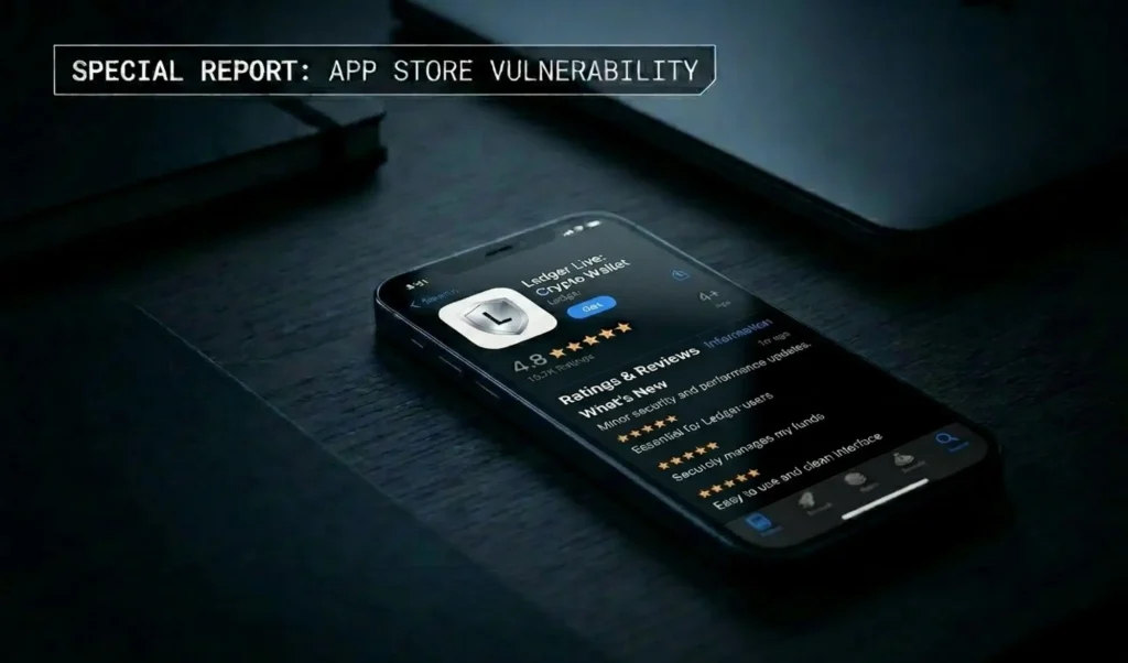 Video still showing a smartphone displaying an App Store page for Ledger Live crypto wallet with a large app icon and ratings, overlaid by 'SPECIAL REPORT: APP STORE VULNERABILITY' text.
