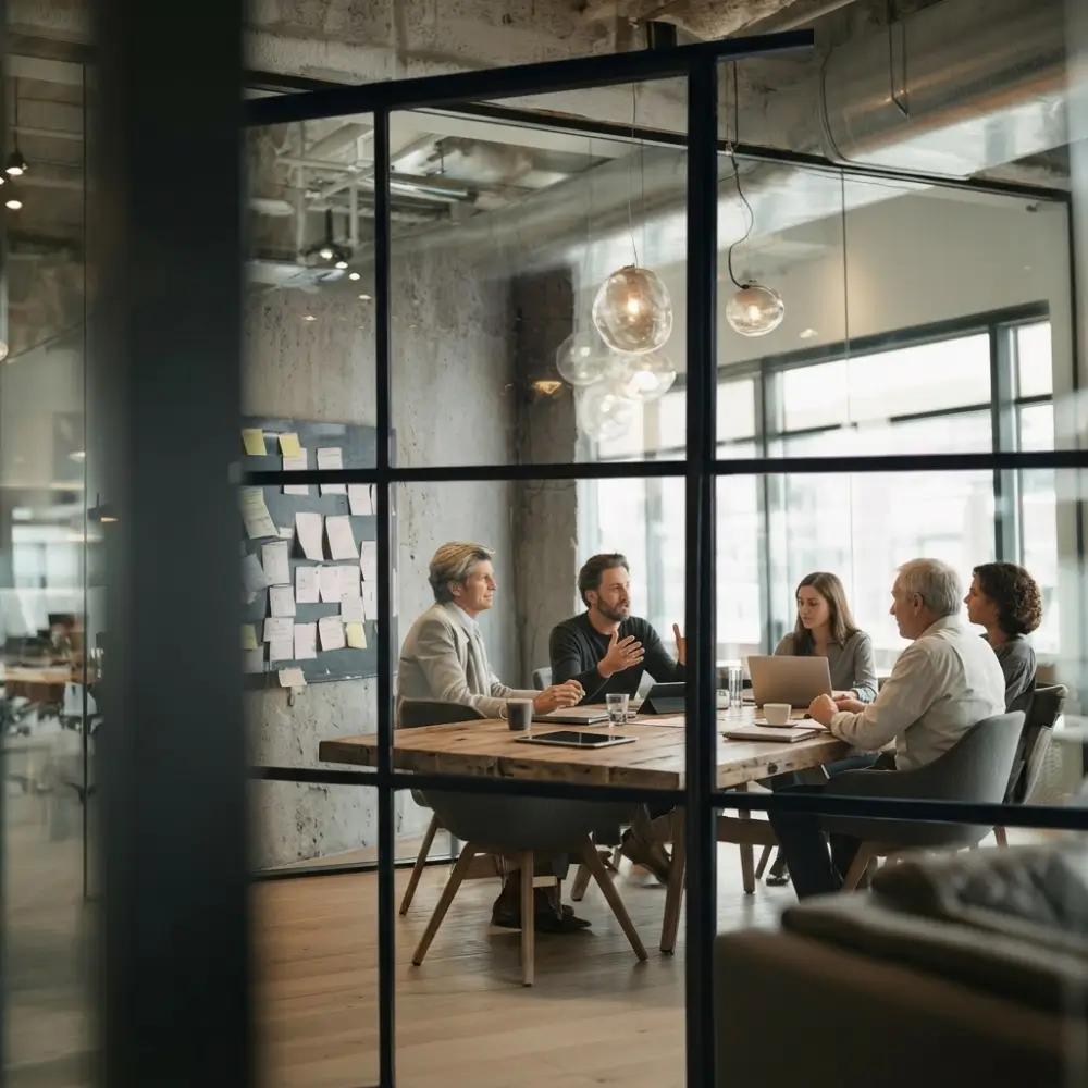 Six people sit around a wooden conference table in a glass-walled meeting room, discussing ideas and showing engagement.