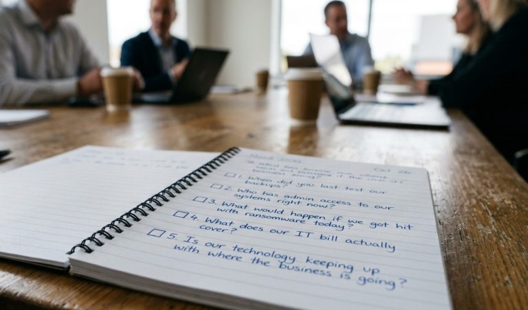 Close-up of a spiral notebook on a wooden table showing a checklist of IT security questions, with a blurred meeting in the background.
