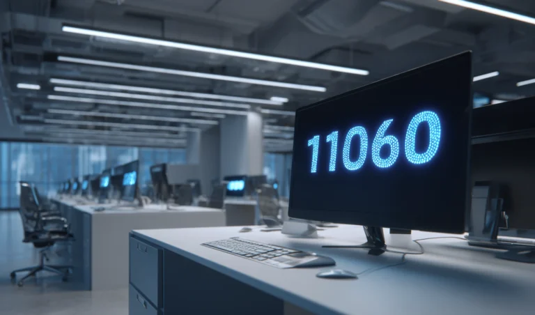 Open-plan office with rows of desks and computers; the closest monitor displays the blue number 11060.