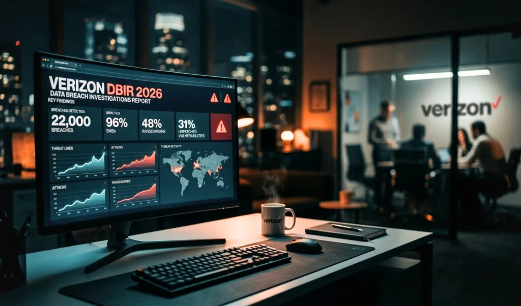 Monitor shows a Verizon DBIR 2026 data breach dashboard with statistics and a world map; a Verizon mug sits on the desk in a dim office.