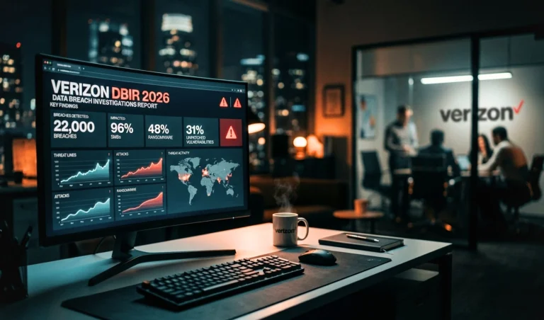 Monitor shows a Verizon DBIR 2026 data breach dashboard with statistics and a world map; a Verizon mug sits on the desk in a dim office.