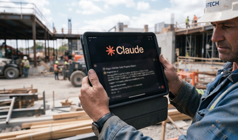 Construction worker at a building site holding a tablet displaying the Claude logo on screen.
