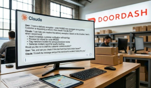 Claude for Logistics - GiaSpace: IT Support & Cybersecurity for Florida Businesses Office workspace with a monitor showing a chat transcript about a delivery issue, DOORDASH sign in the background, and stacked boxes on shelves.